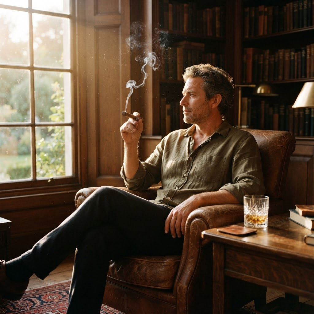 A man rests in a worn leather armchair beside a sunlit window, a glass of whiskey and a curl of cigar smoke nearby.