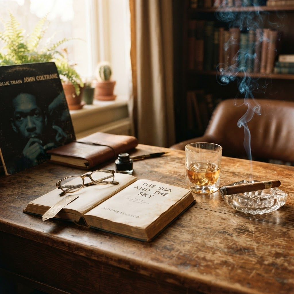 A worn wooden desk with an open book, a glass of whiskey, and a lit cigar resting in an ashtray.